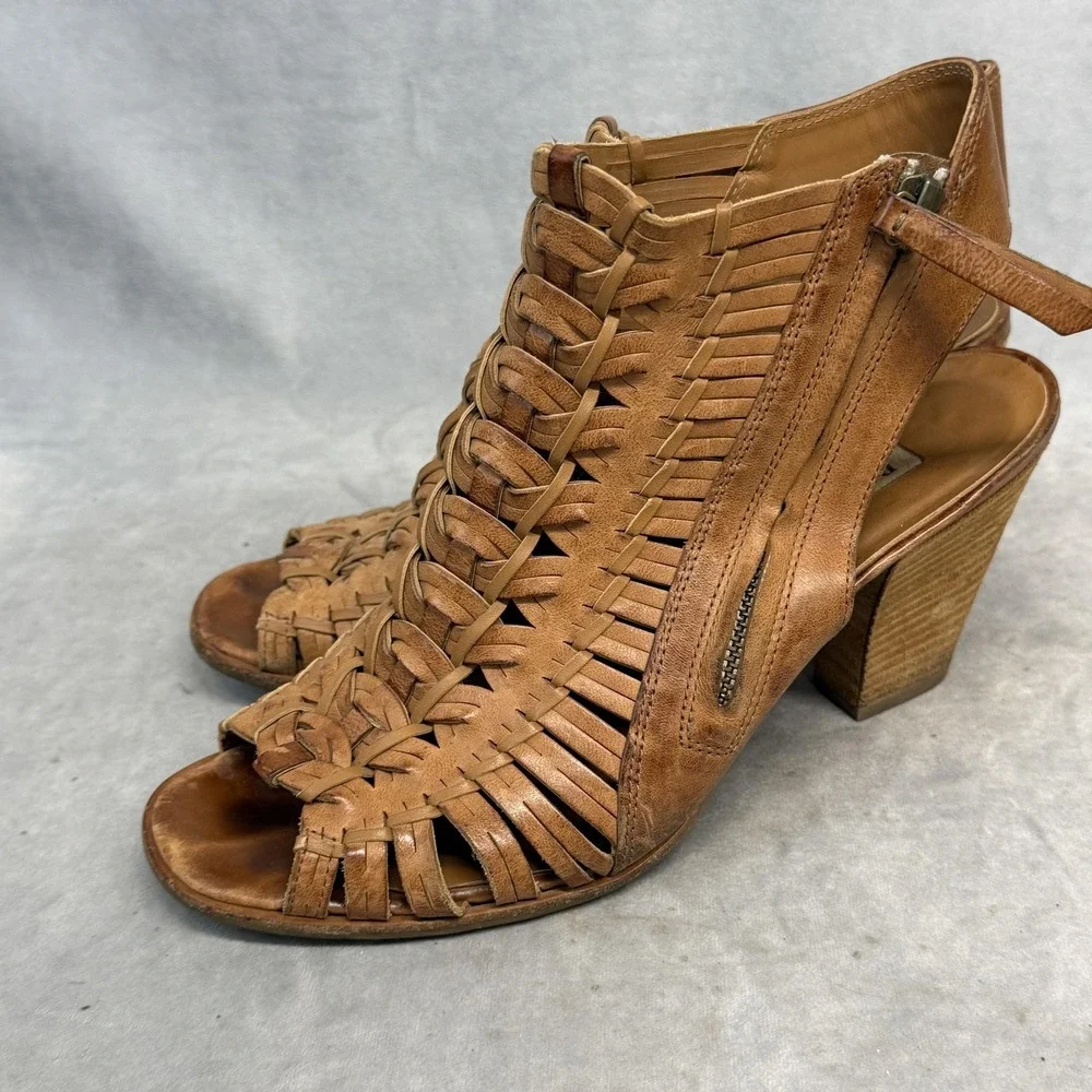 Paul Green Shoes Womens Size 6.5 Brown‎ Leather Woven Strappy Sandals Zip Heel